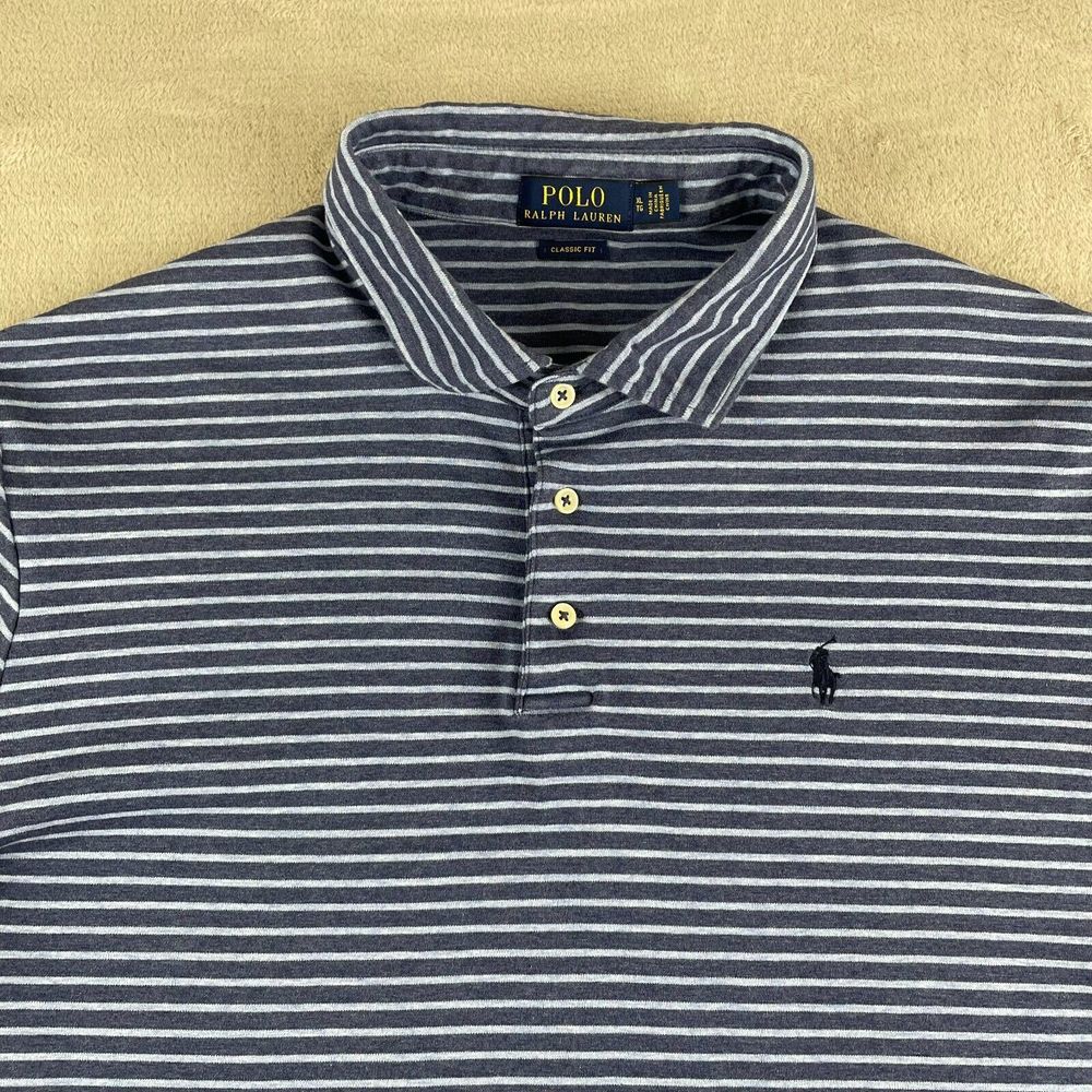 Ralph Lauren Polo Shirt Men XL Blue Striped Classic Fit Pony Preppy Golf SS